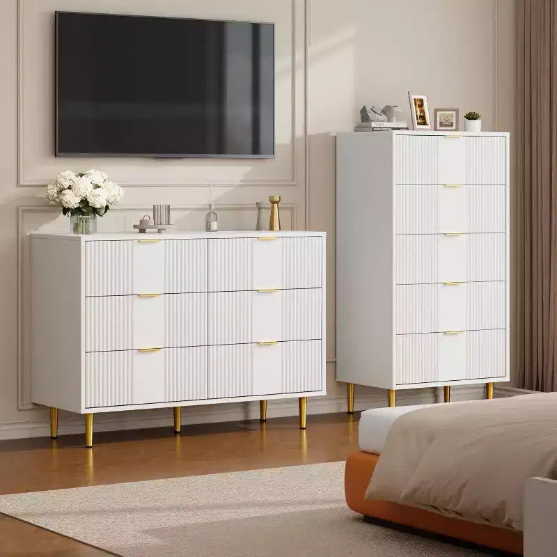 Green / Natural / White Fluted 6-Drawer Dresser, Modern Style, Single Use