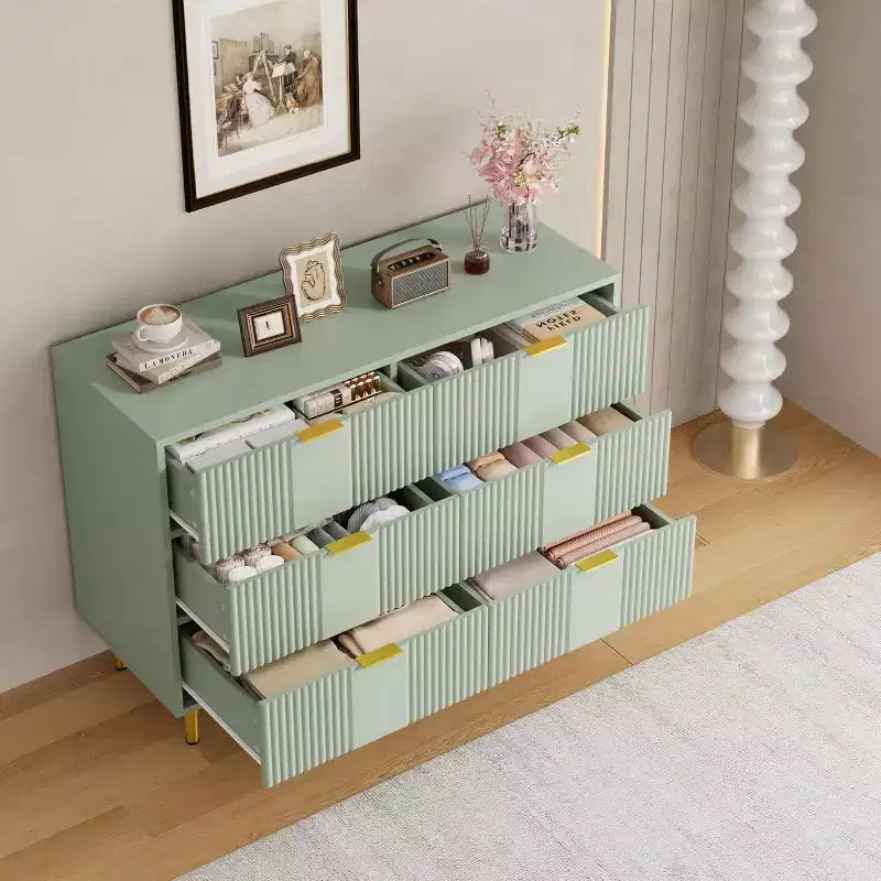 Green / Natural / White Fluted 6-Drawer Dresser, Modern Style, Single Use