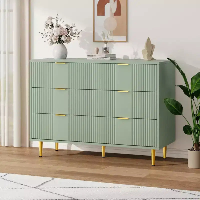 Green / Natural / White Fluted 6-Drawer Dresser, Modern Style, Single Use