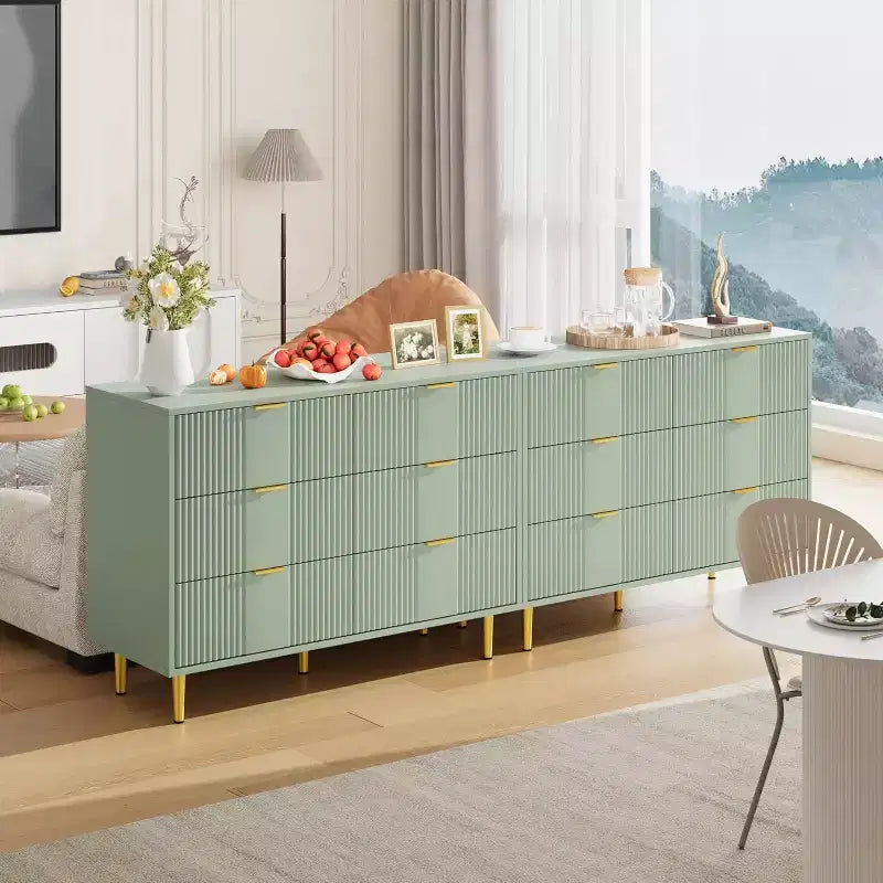 Green / Natural / White Fluted 6-Drawer Dresser, Modern Style, Single Use