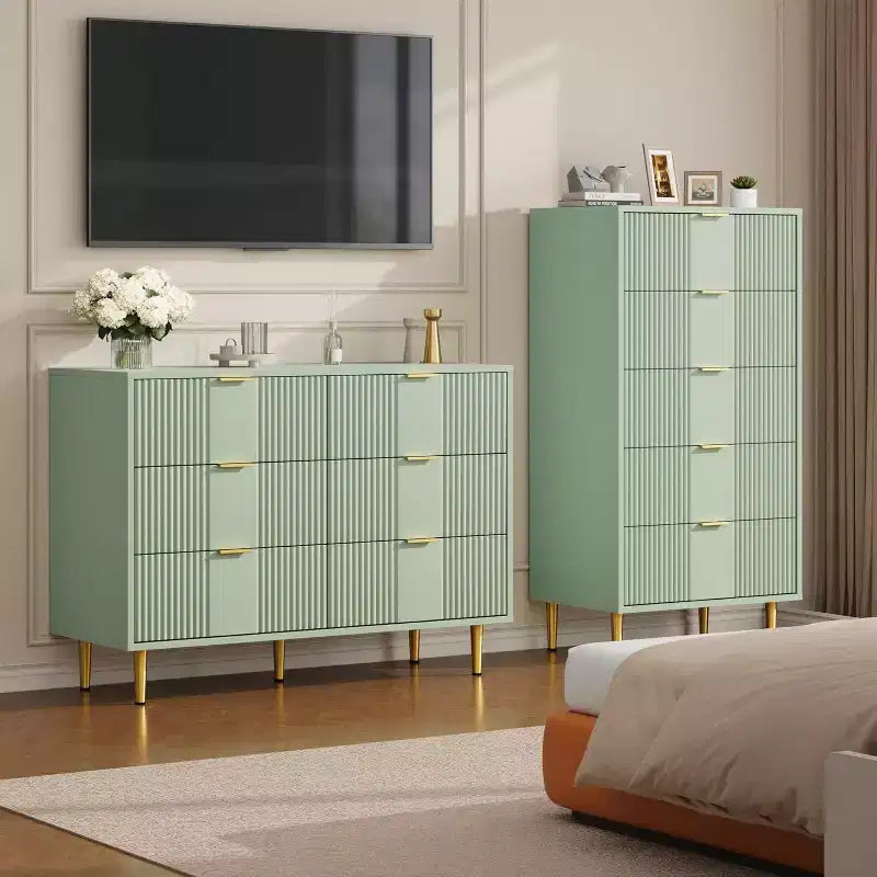 Green / Natural / White Fluted 6-Drawer Dresser, Modern Style, Single Use