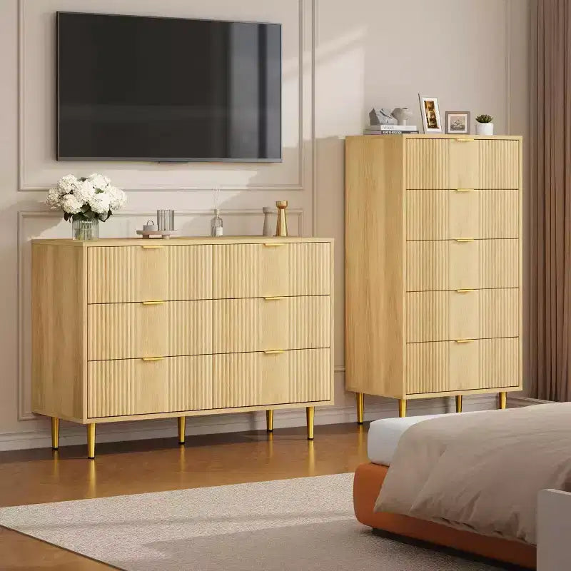 Green / Natural / White Fluted 6-Drawer Dresser, Modern Style, Single Use