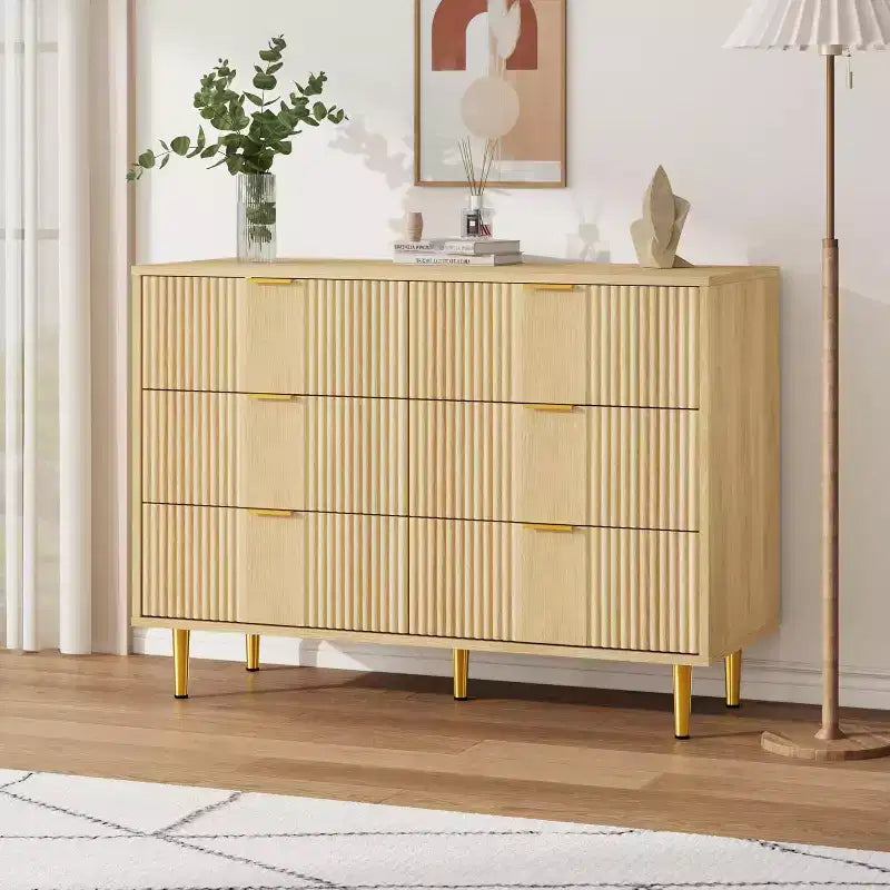 Green / Natural / White Fluted 6-Drawer Dresser, Modern Style, Single Use