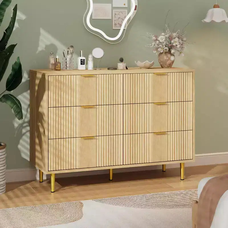 Green / Natural / White Fluted 6-Drawer Dresser, Modern Style, Single Use