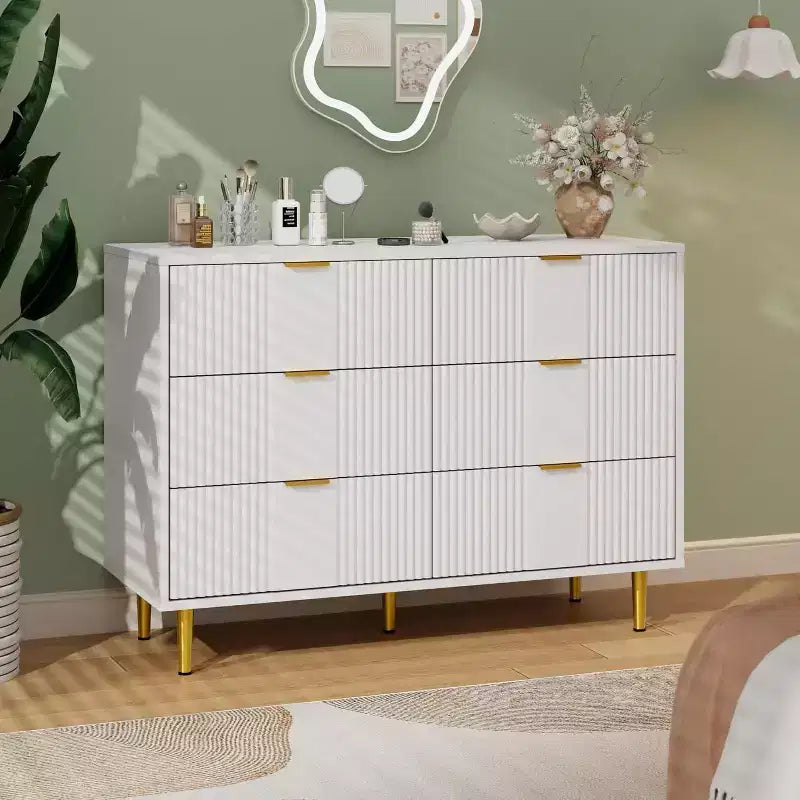 Green / Natural / White Fluted 6-Drawer Dresser, Modern Style, Single Use