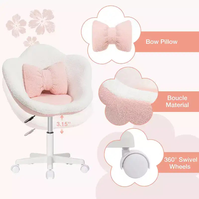 Beige / Pink Flower-Shaped Kids Swivel Desk Chair, 1-Seat, Adjustable Height