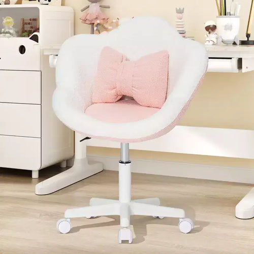 HOFFREE Cute Flower-Shaped Ergonomic Kids Desk Chair with Adjustable Height, Soft Boucle Fabric, Bow Pillow & 360 Swivel