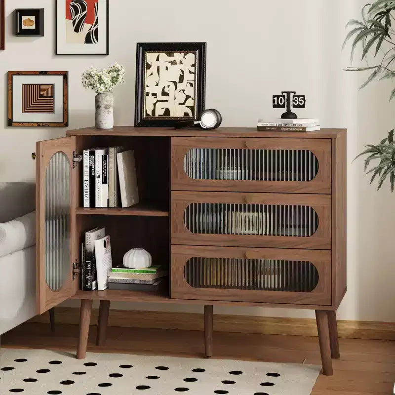 Natural Wood Accent Cabinet with Glass Doors – 3 Drawers, 4 Doors, 1-Person Assembly