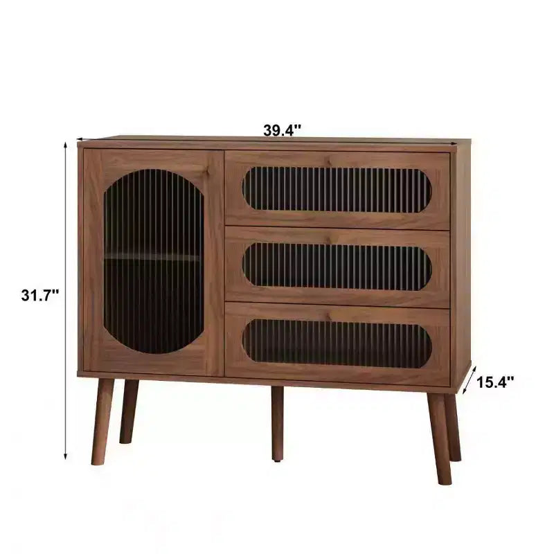 Natural Wood Accent Cabinet with Glass Doors – 3 Drawers, 4 Doors, 1-Person Assembly
