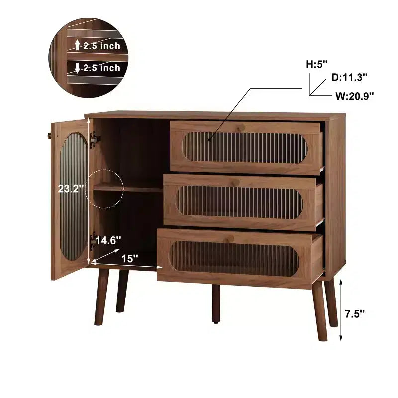 Natural Wood Accent Cabinet with Glass Doors – 3 Drawers, 4 Doors, 1-Person Assembly