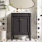 JVNOXK 24-inch Single-Basin Vanity Cabinet with Sink, Double-Tier Modern Bathroom Storage Cabinet, Large-Capacity Shelving Unit, Black