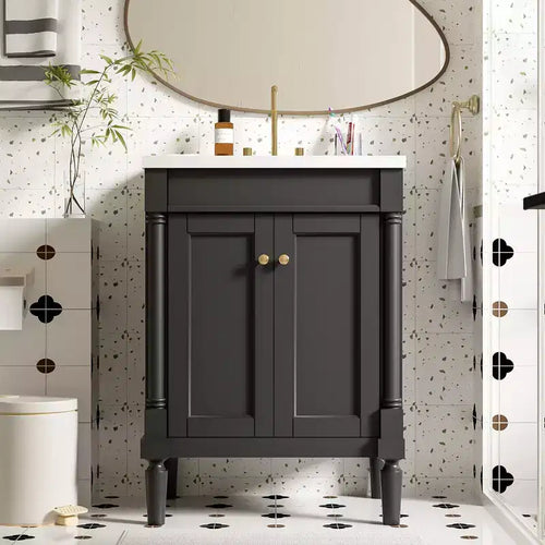 JVNOXK 24-inch Single-Basin Vanity Cabinet with Sink, Double-Tier Modern Bathroom Storage Cabinet, Large-Capacity Shelving Unit, Black