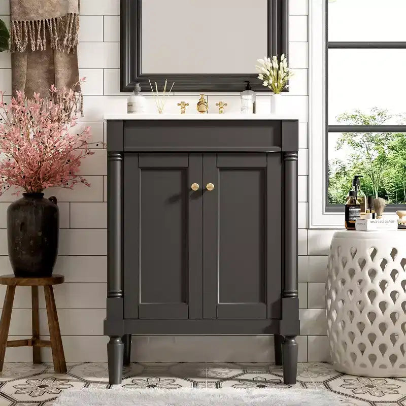 24" Black Modern Single-Sink Bathroom Vanity Cabinet with Storage, 1-Person