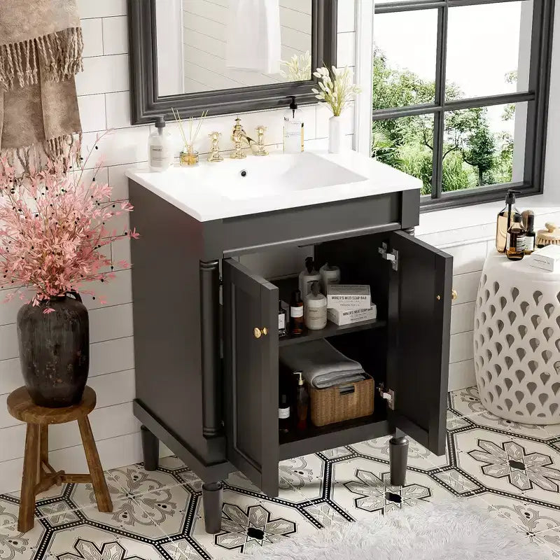 24" Black Modern Single-Sink Bathroom Vanity Cabinet with Storage, 1-Person