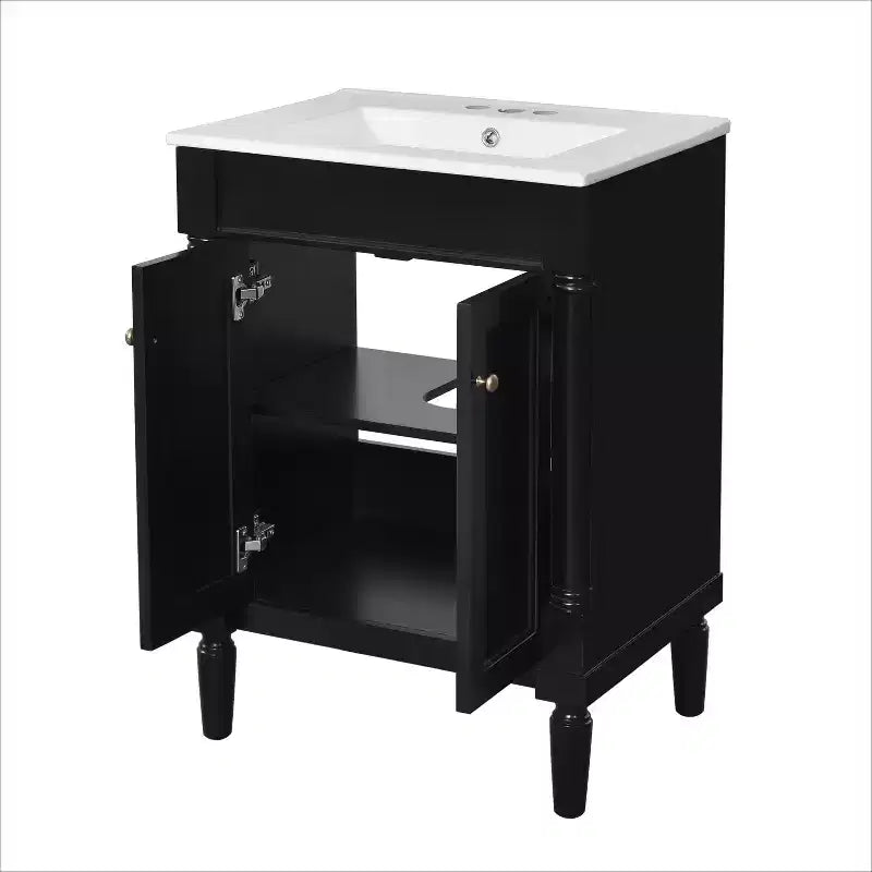 24" Black Modern Single-Sink Bathroom Vanity Cabinet with Storage, 1-Person