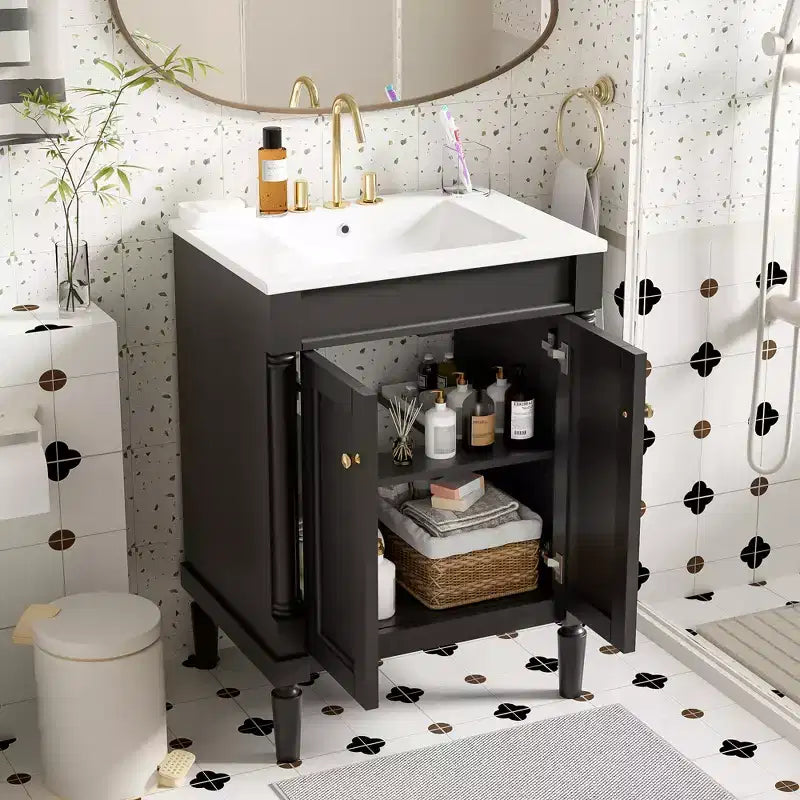 24" Black Modern Single-Sink Bathroom Vanity Cabinet with Storage, 1-Person