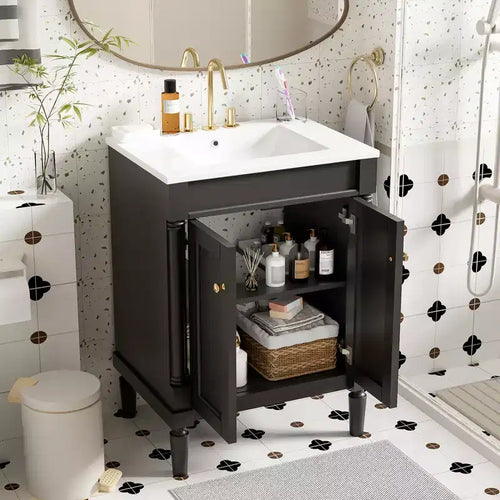 24" Black Modern Single-Sink Bathroom Vanity Cabinet with Storage, 1-Person