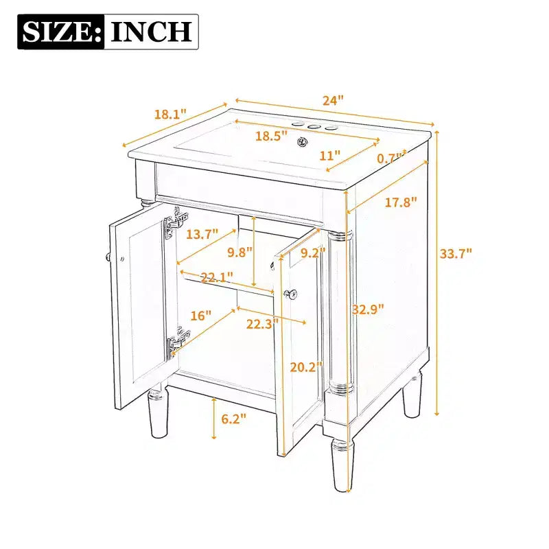 24" Black Modern Single-Sink Bathroom Vanity Cabinet with Storage, 1-Person