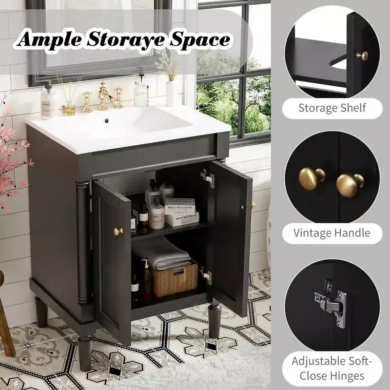 24" Black Modern Single-Sink Bathroom Vanity Cabinet with Storage, 1-Person