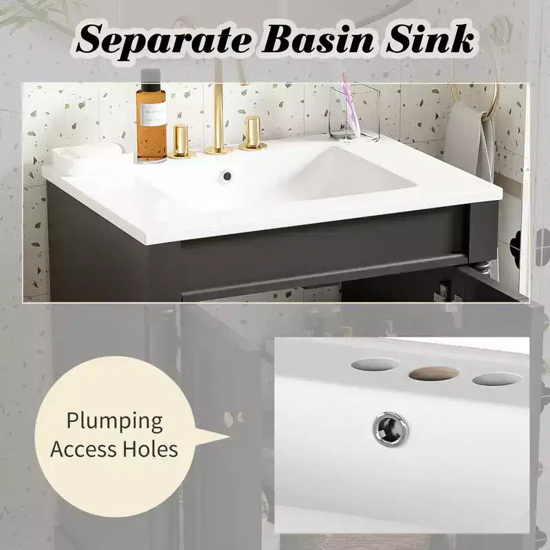 24" Black Modern Single-Sink Bathroom Vanity Cabinet with Storage, 1-Person