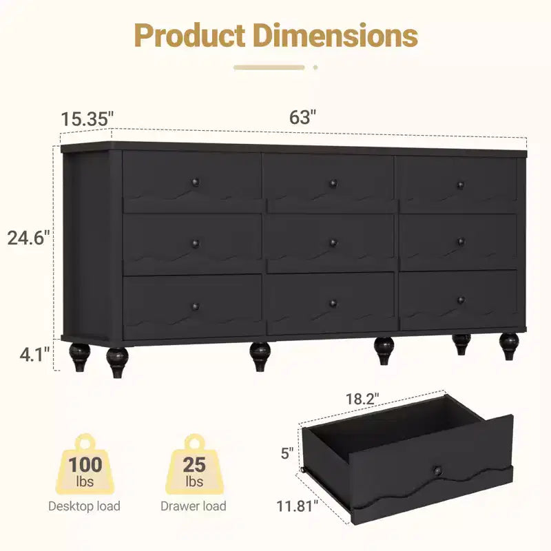 Beige / Black / White 9-Drawer Dresser with Scalloped Front, Single