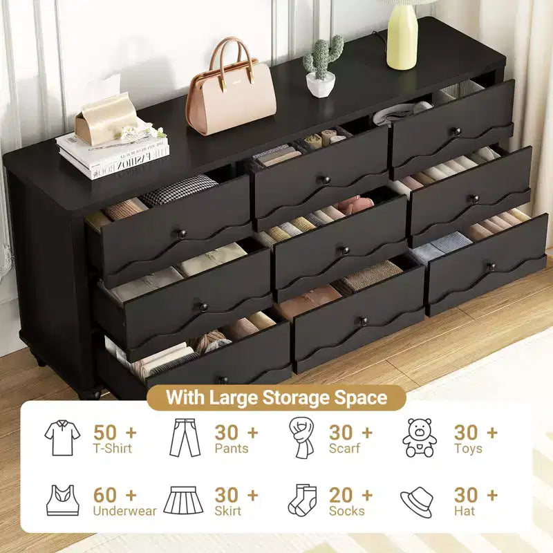 Beige / Black / White 9-Drawer Dresser with Scalloped Front, Single
