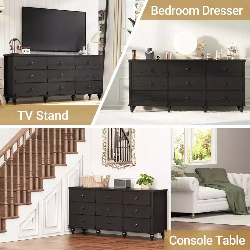 Beige / Black / White 9-Drawer Dresser with Scalloped Front, Single