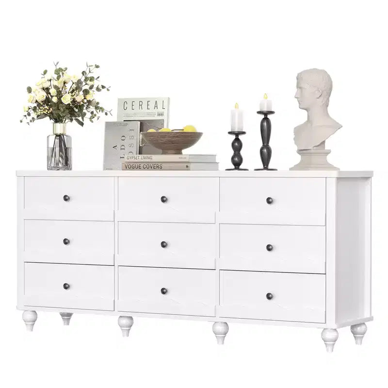Beige / Black / White 9-Drawer Dresser with Scalloped Front, Single