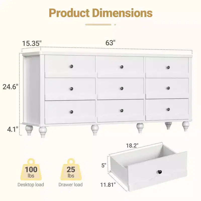Beige / Black / White 9-Drawer Dresser with Scalloped Front, Single