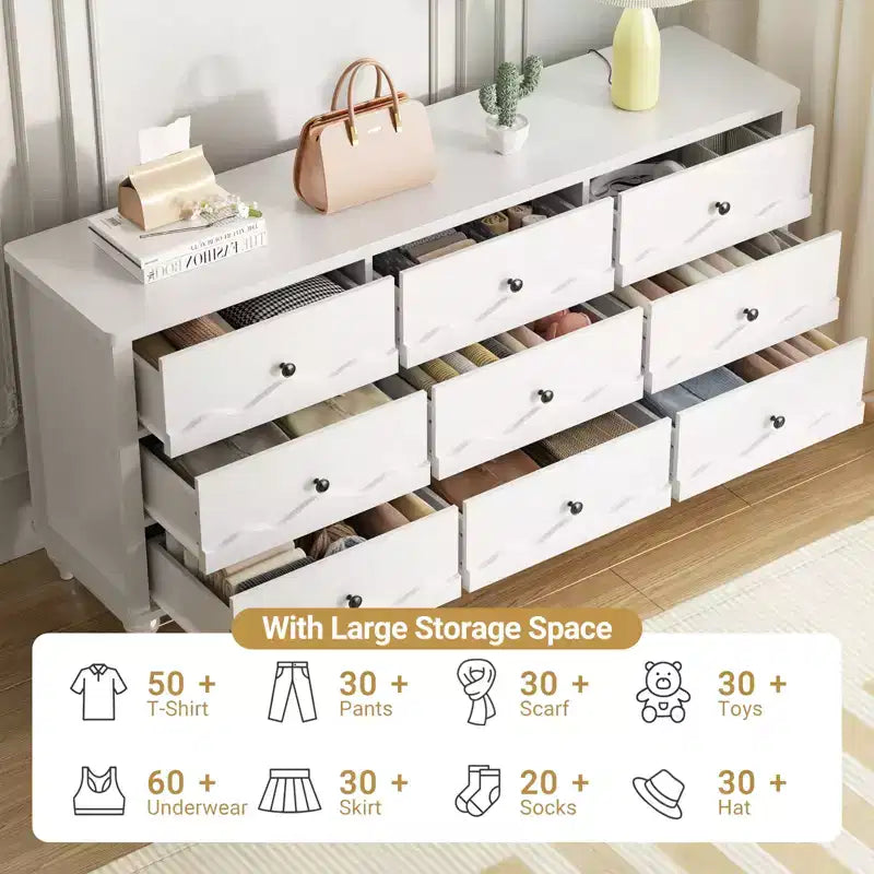 Beige / Black / White 9-Drawer Dresser with Scalloped Front, Single
