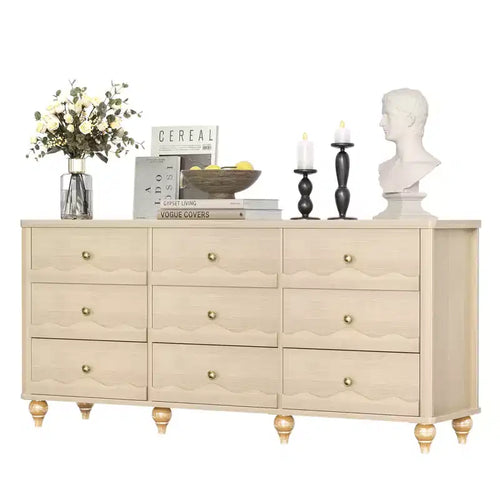 Beige / Black / White 9-Drawer Dresser with Scalloped Front, Single