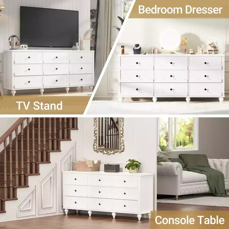 Beige / Black / White 9-Drawer Dresser with Scalloped Front, Single