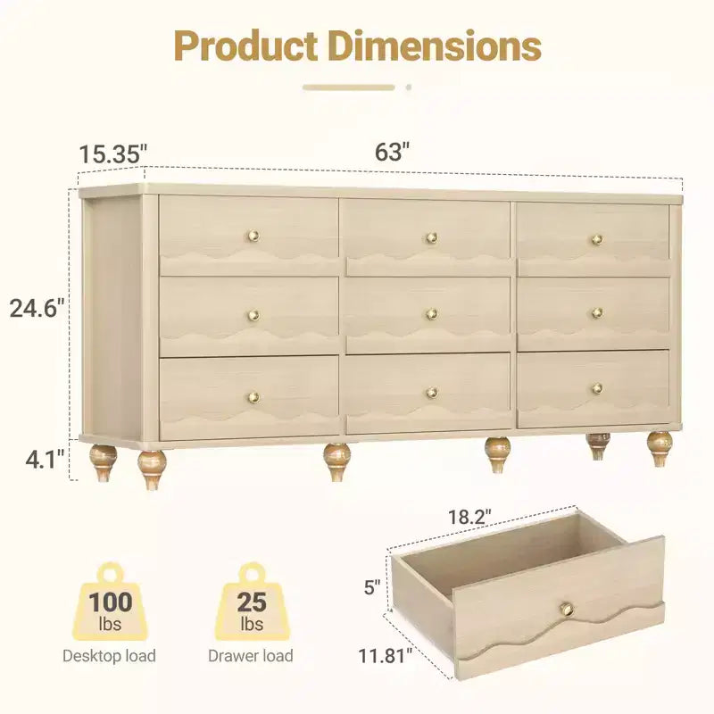 Beige / Black / White 9-Drawer Dresser with Scalloped Front, Single