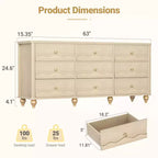 Comò a 9 cassetti Beige / Nero / Bianco con frontale smerlato, Singolo