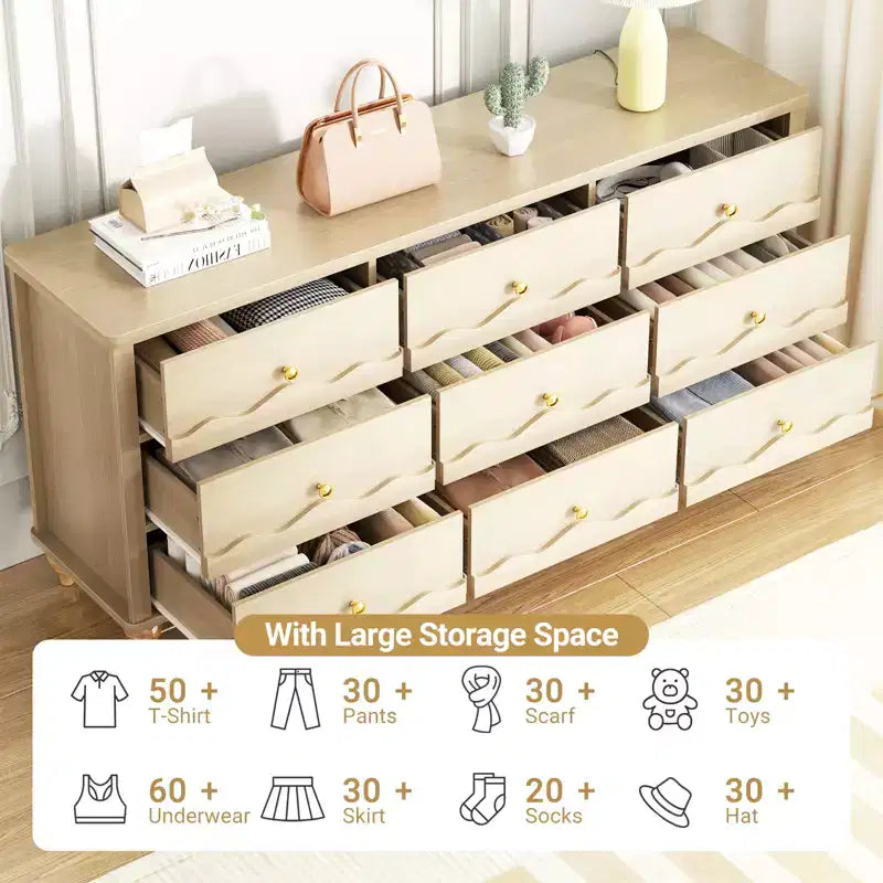 Beige / Black / White 9-Drawer Dresser with Scalloped Front, Single