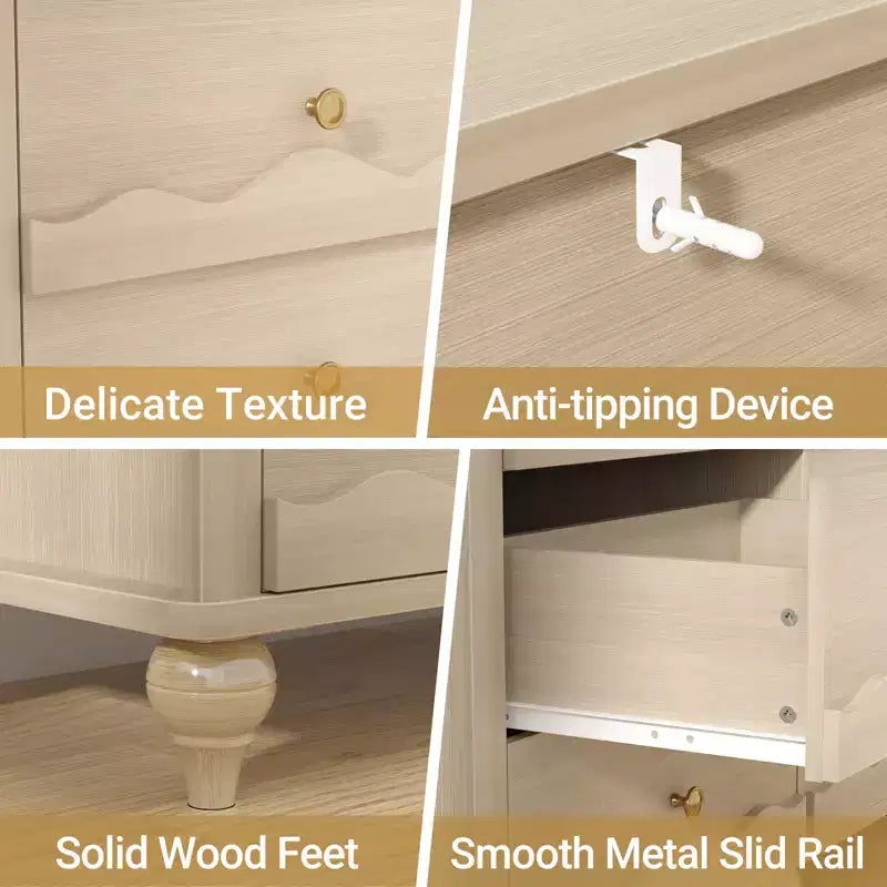 Beige / Black / White 9-Drawer Dresser with Scalloped Front, Single