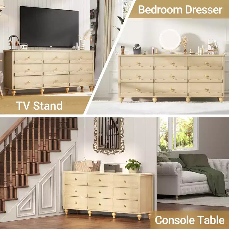 Beige / Black / White 9-Drawer Dresser with Scalloped Front, Single