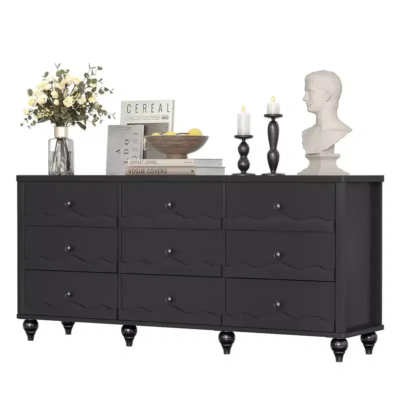 Beige / Black / White 9-Drawer Dresser with Scalloped Front, Single