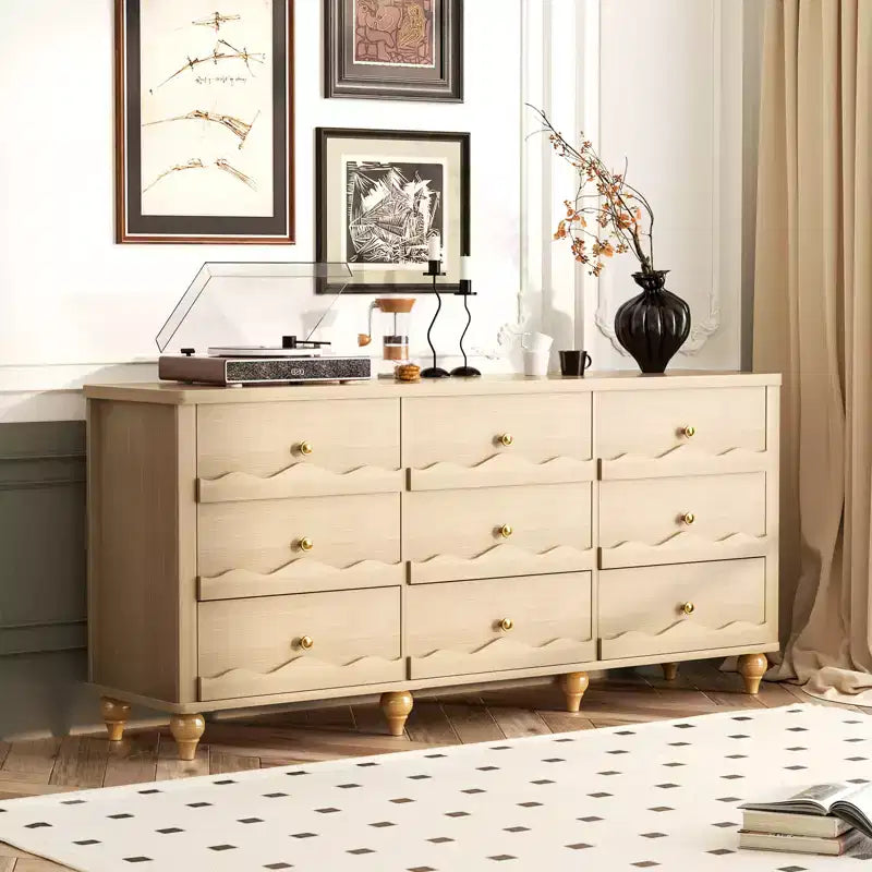 Besiost Closet Storage Cabinet with 9 Drawers, Wooden Dresser with Scalloped Front