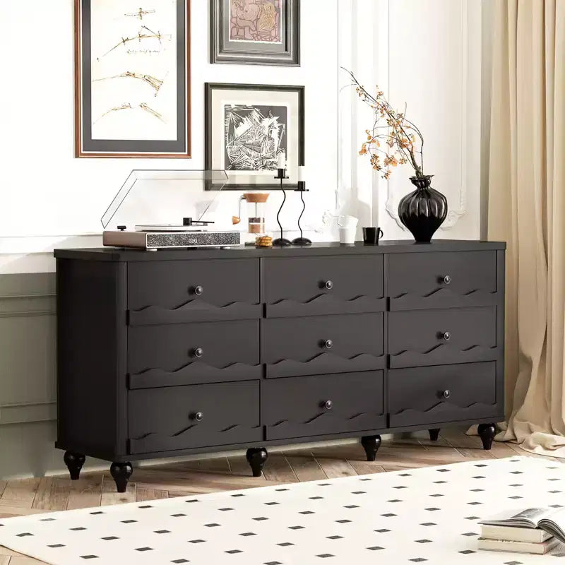 Beige / Black / White 9-Drawer Dresser with Scalloped Front, Single
