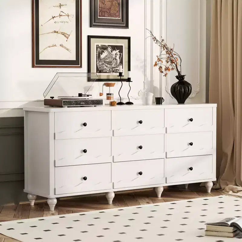 Beige / Black / White 9-Drawer Dresser with Scalloped Front, Single