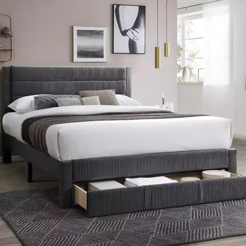 Charcoal / Gray Corduroy Platform Bed with Storage Drawer – Full / Queen, 1-Person