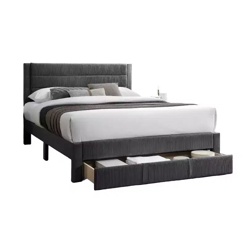 Charcoal / Gray Corduroy Platform Bed with Storage Drawer – Full / Queen, 1-Person