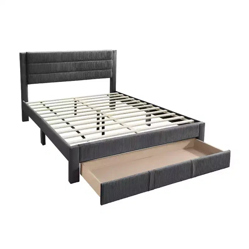 Charcoal / Gray Corduroy Platform Bed with Storage Drawer – Full / Queen, 1-Person