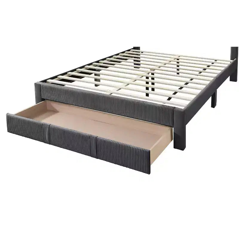 Charcoal / Gray Corduroy Platform Bed with Storage Drawer – Full / Queen, 1-Person