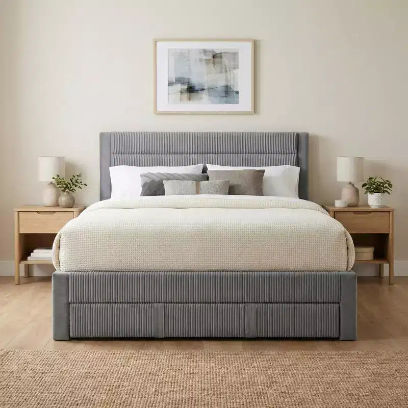 Charcoal / Gray Corduroy Platform Bed with Storage Drawer – Full / Queen, 1-Person