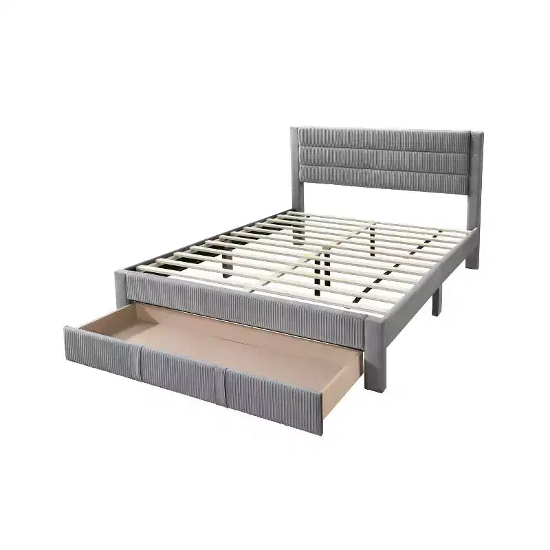 Charcoal / Gray Corduroy Platform Bed with Storage Drawer – Full / Queen, 1-Person