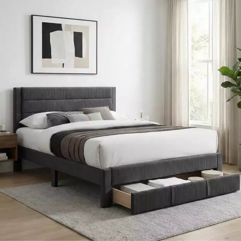 GDFStudio Bennett Modern Corduroy Upholstered Platform Bed with Channel Tufted Headboard and Storage Drawer