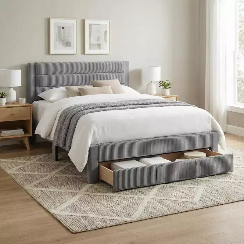 Charcoal / Gray Corduroy Platform Bed with Storage Drawer – Full / Queen, 1-Person