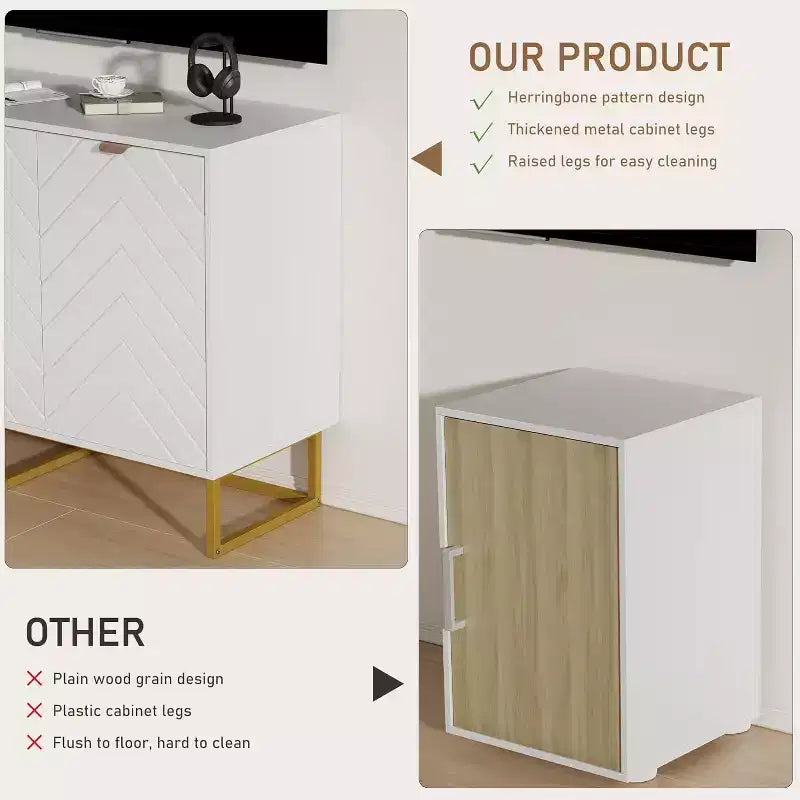 Black/White Herringbone Sideboard Cabinet, 1-Door Storage Console, Ash Wood, Gold Handles